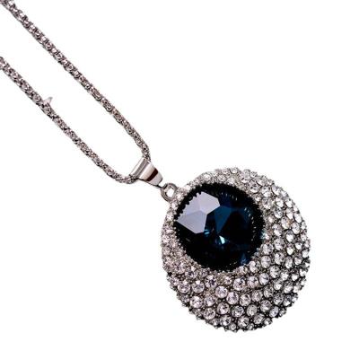 China Fashion Factory Direct Selling Girls Accessories Fashion Long Crystal Round Sweater Necklace High-Grade Blue for sale