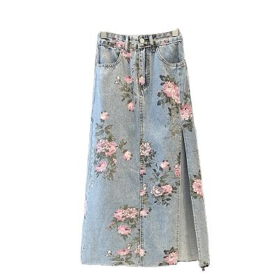 China 2023 HOT SALES Anti-Static Long Split Printed Washed Denim Maxi Skirt for sale