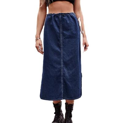 China 2023 Street style breathable vintage women's a-line shape washed split edge with elastic waist rope waist denim skirt for sale