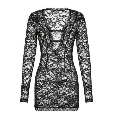 China 2023 Anti-Static SEXY Lace Fabric Lace Trims Deep V With Lace Long Sleeve Mini Dress for sale