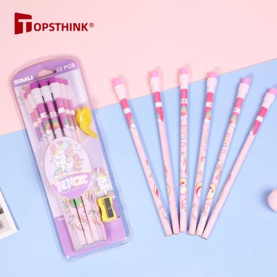 China Topsthink 12PCS Soft Promotional Cartoon Printed Pencil Custom Personalized Printed Pencil HB Brand Wooden Pencil With Eraser Set for sale