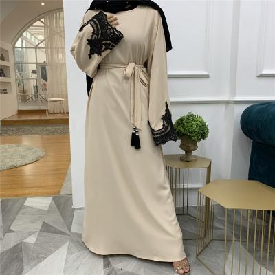 China 2021 Women Daily Casual Formal Islamic Clothing Middle East Abaya Black Lace Trim Long Sleeve Tassel Kimono Muslim Narrow Elegant Dress Jubah Abaya for sale