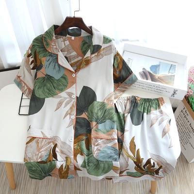 China Factory Supply Shorts QUICK DRY Floral Print Short Sleeve Sleepwear Loose Casual Pajamas 2 Piece Women Cotton Pajamas Set For Summer for sale