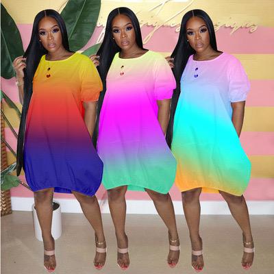 China Anti-Wrinkle Casual Female Clothing Tie Dye Plus Size Purple Gradient Color Shorts New Puffs Sheaths Loose Dresses for sale