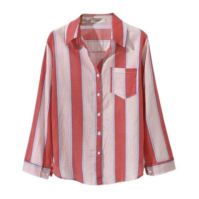 China BL80092 hot sale new arrivals ladies anti-pilling pocket blouse pink striped chiffon blouse for sale