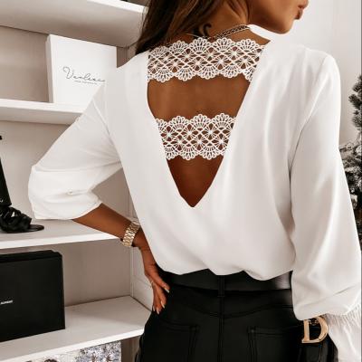 China Anti-wrinkle Fashion V-Neckline Sheath Long Elegant Office Ladies Use Chiffon Blouses Lace Up Women's Blouses for sale