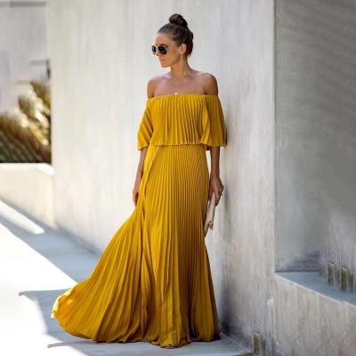 China Viable Elegant Ladies Loose Mustard Off The Shoulder Neckline Women Dresses Casual for sale