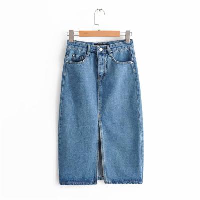 China Women Girls Breathable Hot Sale Casual Dark Blue CF Split Denim Skirt Women Midi Jeans Skirt for sale