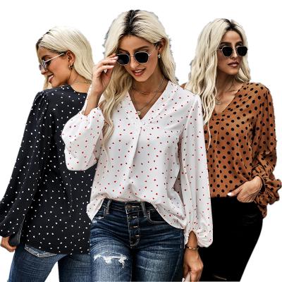 China Anti-wrinkle the new spring and summer print loose shirt with polka dot blouses and V-neck pullover chiffon blouse ladies tops for sale