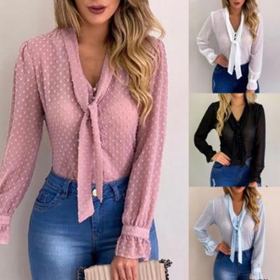 China Anti-pilling Customized Chiffon Shirt Dobby Dobby Polka Dot Shirt Ladies Tops Elegant Blouse Women Long Blouses for sale