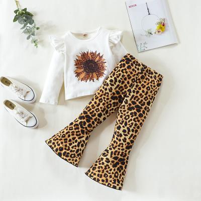 China Girls Soft Chic Soft Clothes Pajamas Set Leopard Print Cotton Tops And Flare Pants 2Pcs Soft Long Sleeve Outfits for sale