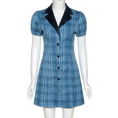 China Beautiful Washable Chic Long Sleeve Plaid Round Down Collar Shirt Dresses Elegant Women Bodycon Button Down Mini Dress for sale