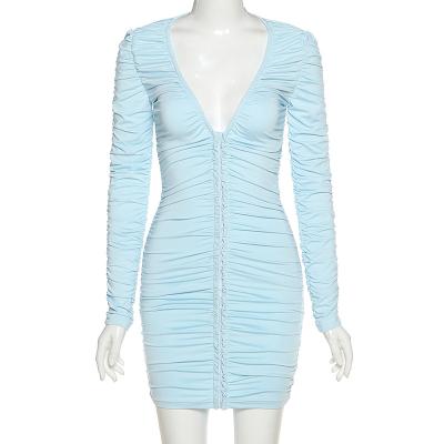 China Long Washable Chic Hot Sleeve Pleated Deep V Neckline Dresses Elegant Women Bodycon Bandage Dress With Hook And Eye for sale