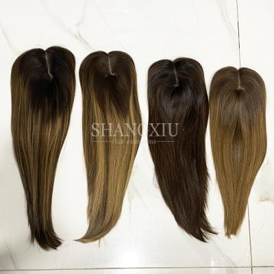 China Swiss Virgin Hair High Quality Brown Color Jewish Topper With Silk Lace Top Hand Tied Hide Hairpiece For Women for sale