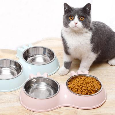 China Sustainable Pet Double Bowls Crown Shape Stainless Steel Feeder Dog Cat Dispenser Double Dog Food Anti-Slip Bowl for sale