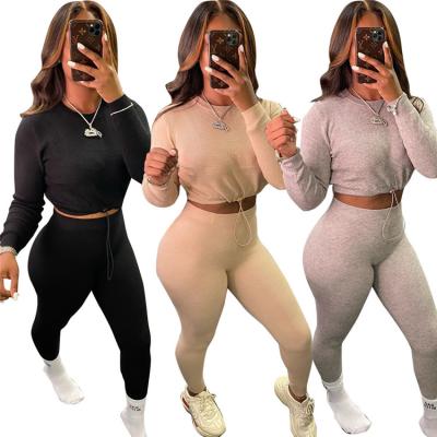 China Winter anti-pilling two-piece set latest style bodycon color sweat fabric crop suit ribbed top panties sheer sexy clothing for sale