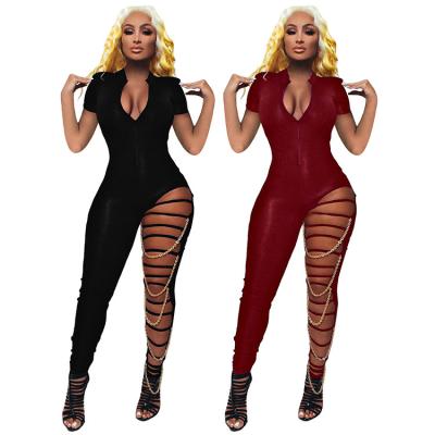 China LvCong Summer Style Black Short Sleeve Anti-pilling Zipper Romper Chain Leg Holes Front Skinny Jumpsuit for sale