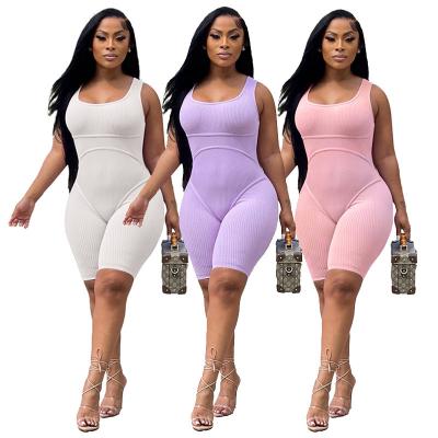 China LvCong Anti-Wrinkle Women Clothing Solid Colored Mine Stripe Sleeveless Jumpsuit Bodycon Short Jumpsuit One Piece for sale