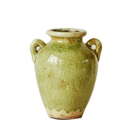 China Retro Minimalist Green Time Ceramic Vase Ice Cracked Old Antique Chandelier Table Flower Arrangement Floral Ornaments for sale