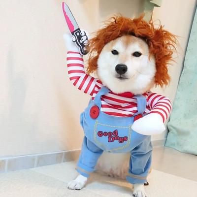 China Hot Selling Funny Pet Viable Amazon Chubby Dog Clothes Doll Holding A Knife Halloween Dog Costume for sale