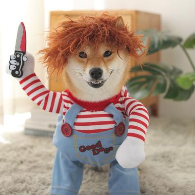 China Funny Chucky Dog Clothes Chucky Deadly Doll Pet Viable Dog Costume Holding A Knife Dog Costume for sale