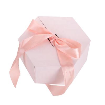 China Custom Recycled Packaging Materials Cardboard Wedding Door Valentines Day Magnetic Hexagon Gift Box With Ribbon for sale