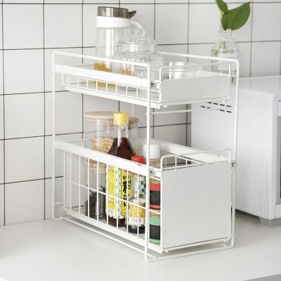 China New-fashion pull out storage rack multi-function double-layer kitchen tableware dish storage desk rack for sale