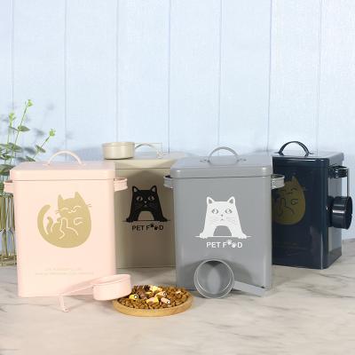 China Stocked Galvanized Iron Pet Food Storage Container With Scoop Metal Dog Treat Food Jar 15L Powder Coating Pet Food Canister for sale