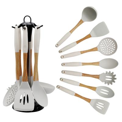 China X014 Stainless Steel Teak Wood Bamboo Silicon Kitchen Tools Accessories Viable Durable Wooden Cookware Sets Box Supplier Set for sale