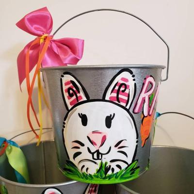 China Custom Metal Buckets Painted Cute Rabbit Personalized Hand Painted Bucket for sale