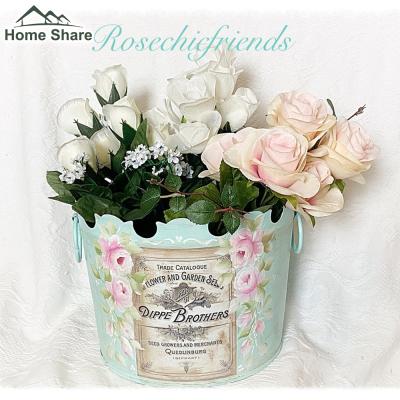 China Custom Metal Buckets Aqua Blue Shabby Painted Roses Metal Bucket With Handle for sale