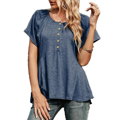 China Anti-pilling New Design Solid Color Round Neck Button Decor Shorts Sheath Casual Style Women Top Shirt for sale