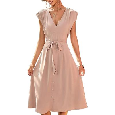 China Solid Color Hot Short Elegant V-Neck Ladies Sleeve New Arrival Anti-wrinkle Sleeveless Sale Casual Dress for sale