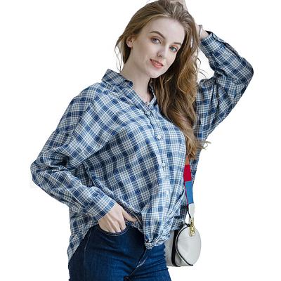 China Genuine Low Price Fashionable Women Clothing Anti Shrinkage Loose Long Sleeve 100% Cotton Woven Checker Blouse Top Shirt for sale