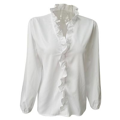 China Solid Color Feature Summer Business Anti-Shrink Anti-Pilling Women Ruffle Neck Woven Shirt for sale