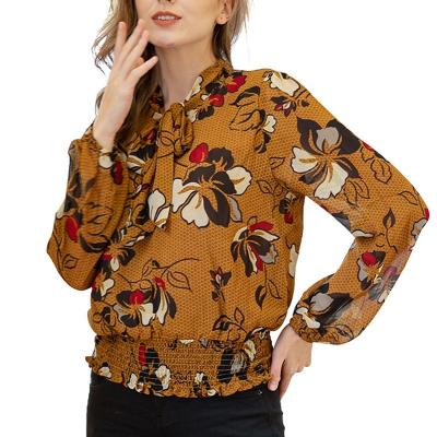 China Anti-Shrink In Stock Vintage Ladies Clothing Good Quality Long Sleeve Printed Top 100% Polyester Smocked Blouse for sale