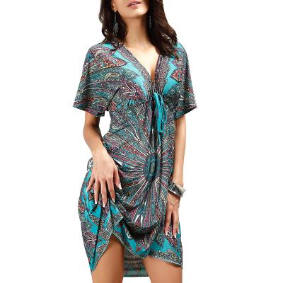 China New Custom Printed Anti-Static Summer Dresses Woman V-neck Backless Leisure Sexy Loose Dress With Short Sleeves for sale