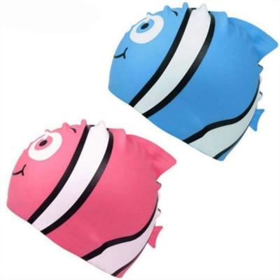 China Multi color silicone child fish swim cap swimming waterproof cartoon children top hat elasticity cartoon printing for sale