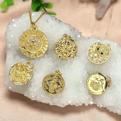 China TRENDY Gold Coin Charm Pendants, Antique Rustic Medallion Coins, Snowflake/Lion/Dragon/Sun Pattern Necklace Pendant for sale