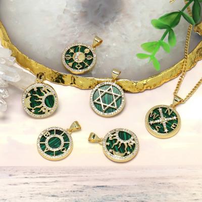 China Fashionable Gold Plated Micro-inlaid Synthetic Zircon Malachite Compass Initial Letter Necklace Pendant Charm for sale