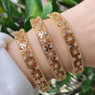 China NEW IN FASHION! ! Gold Plated Flower Zirconia Bangle Bracelets Adjustable Brass Bangle Flower Bangle Jewelry Men and Women for sale