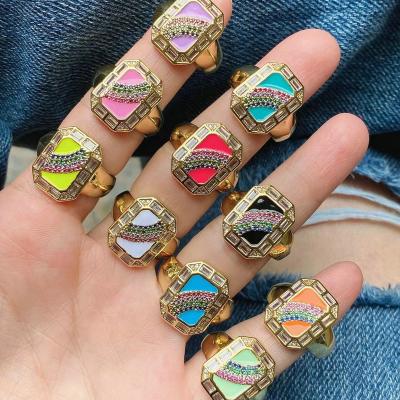 China Trendy 10 Colors For Slae Enamel Gold Plated Brass Gold Rings Women Ring With Rainbow CZ Stone for sale