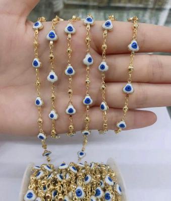 China Brass+Acrylic+Pearl Turkey Eye Evileye Bead Roll Chain Blue Acrylic Gold Plated Wire Rosary Beads Chain For Jewelry Making for sale