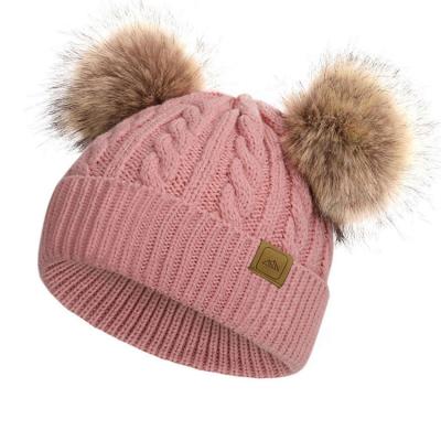 China COMMON Wholesale Cotton Winter Keep Warm Kids Skein Crochet Knitted Double Faux Fur Pom Knitted Beanies Toddle Baby Hats for sale