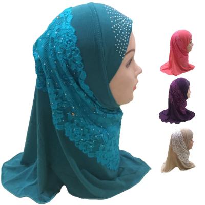 China Polyester Promotional Muslim Fashion Girls Child Practical Islamic Kids Stretch Lace Hijab Hat Scarf For Kids Girl for sale