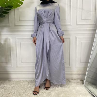 China Stain Dubai Muslim Dress For Middle East Women Abaya Islamic Clothing Modest Fashion Tie Belt Satin Muslim Dress for sale