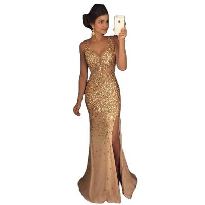 China 2022 New Fashion Spring Sequins Women's Anti-Static Deep Evening Dresses Long Lady Sleeveless V-Neckline Dress for sale