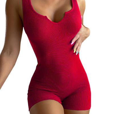 China Casual Women's Breathable Solid Color Overalls Ladies Knit Slim V-Neck Tank Top Overalls for sale