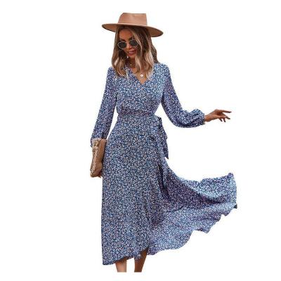 China Wholesale Anti-static Big Swing Skirt Chest Wrap Floral Dress Women Holiday Style Casual Dress for sale