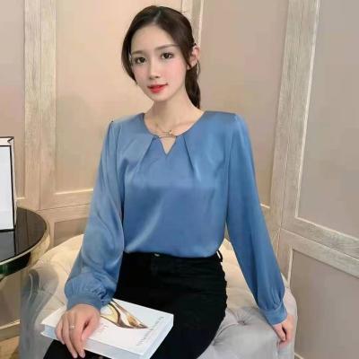 China LELE2055 Logo Stain Custom V-Neck Lantern Sleeve Anti-Pilling Woman Tops Solid Color Office Fashionable Shirts Fashion Casual Blouses for sale